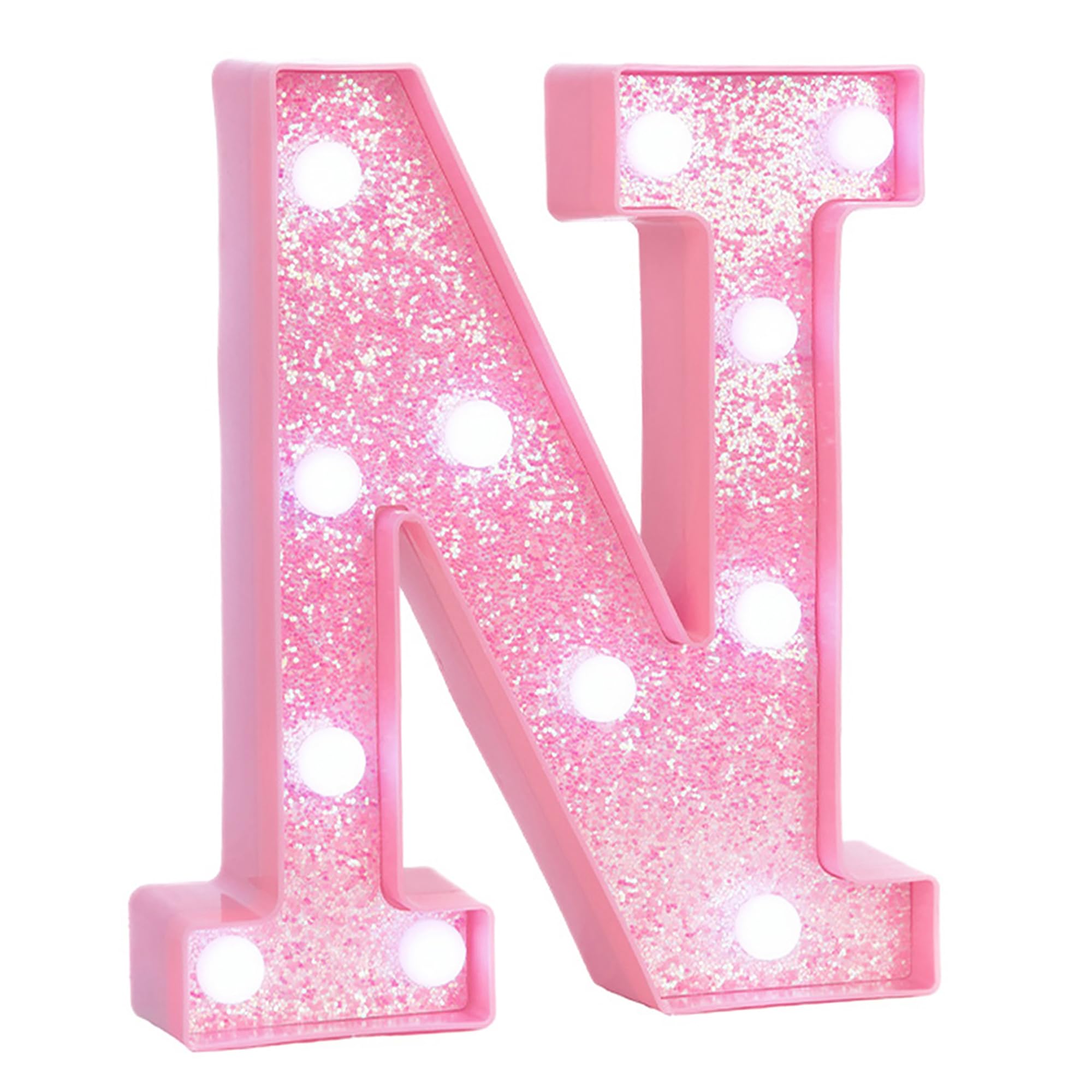 Photo 1 of EUFONY Pink LED Marquee Light Up Letters, Glitter Alphabet Letter Lights for Birthday Party Decorations, Battery Operated Letter Signs for Girls Room Table Decor, Pink letter N with Cool White Lights