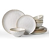 Famiware Dinnerware Sets for 4, Ocean Round 12-Piece Kitchen Plates and Bowls Sets, Reactive Glaze, Microwave and Dishwasher Safe, Scratch Resistant, Cappuccino White