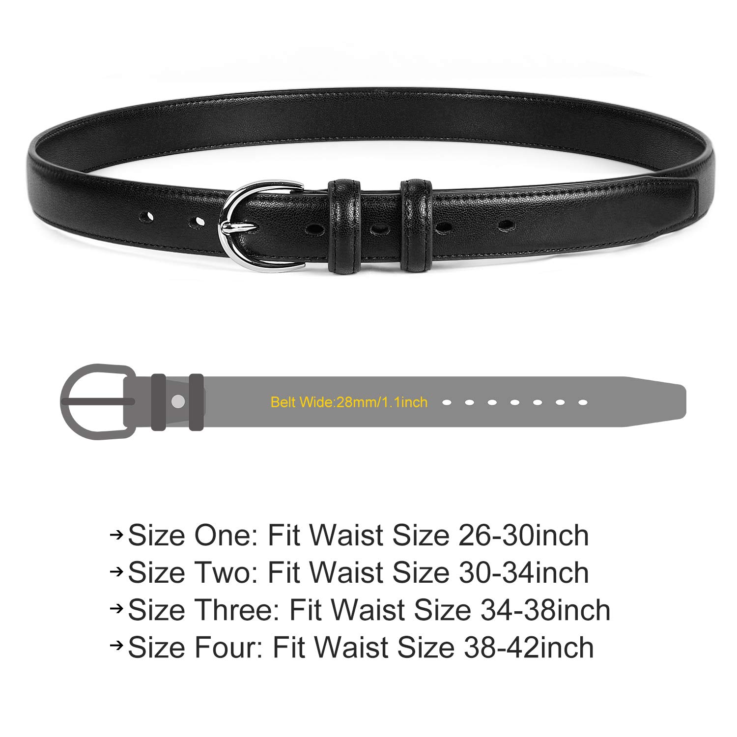 Women Genuine Leather Belt Thin Jeans Belts With Silver Prong Buckle Muti-Colors,Black,Fit Waist 26-30inch