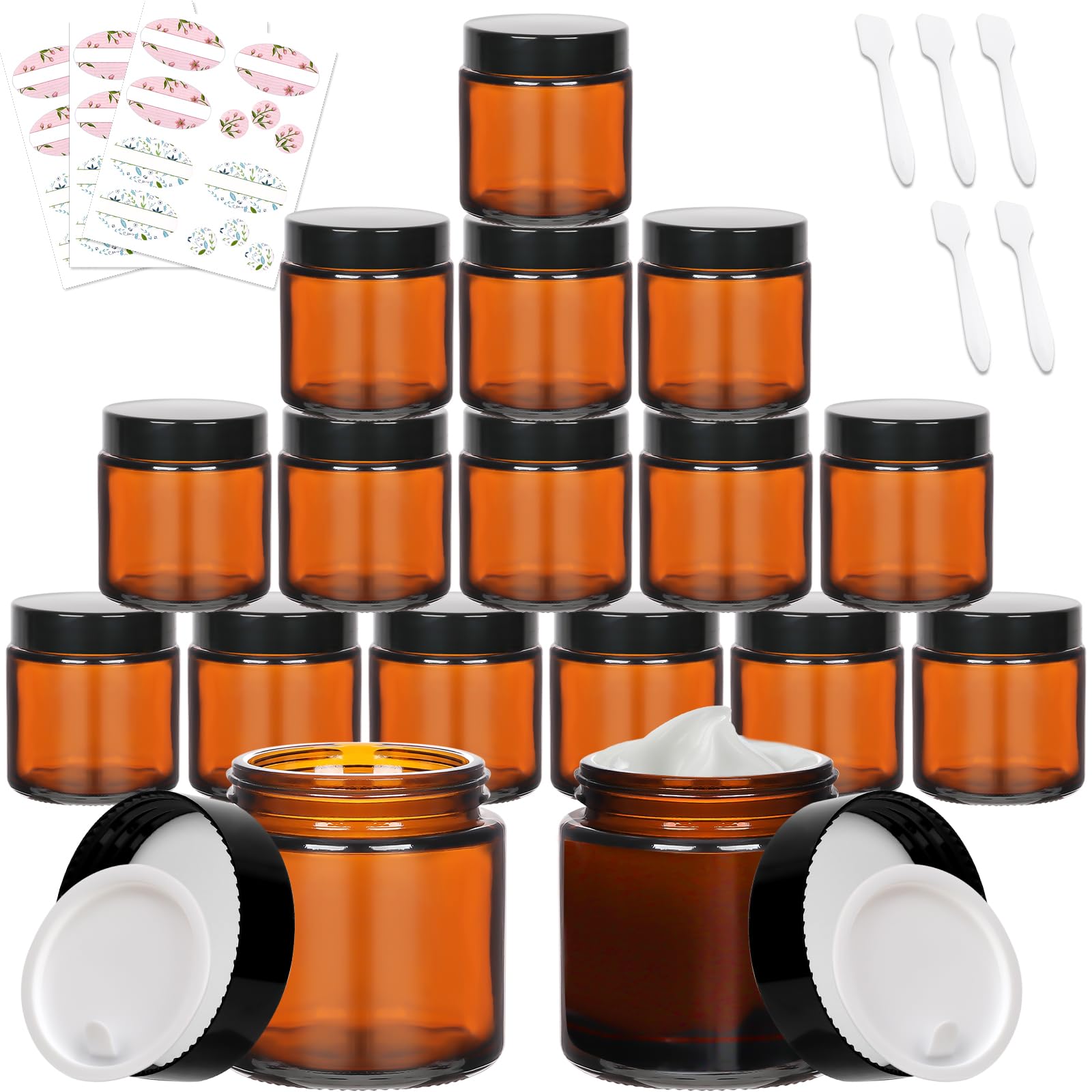 Yishik 15 Pack 4 oz Amber Glass Jar With Lids,Empty Round Cosmetic Jars Face Cream Containers for Powder,Lotion,Beauty Products,Travel Use — image 1