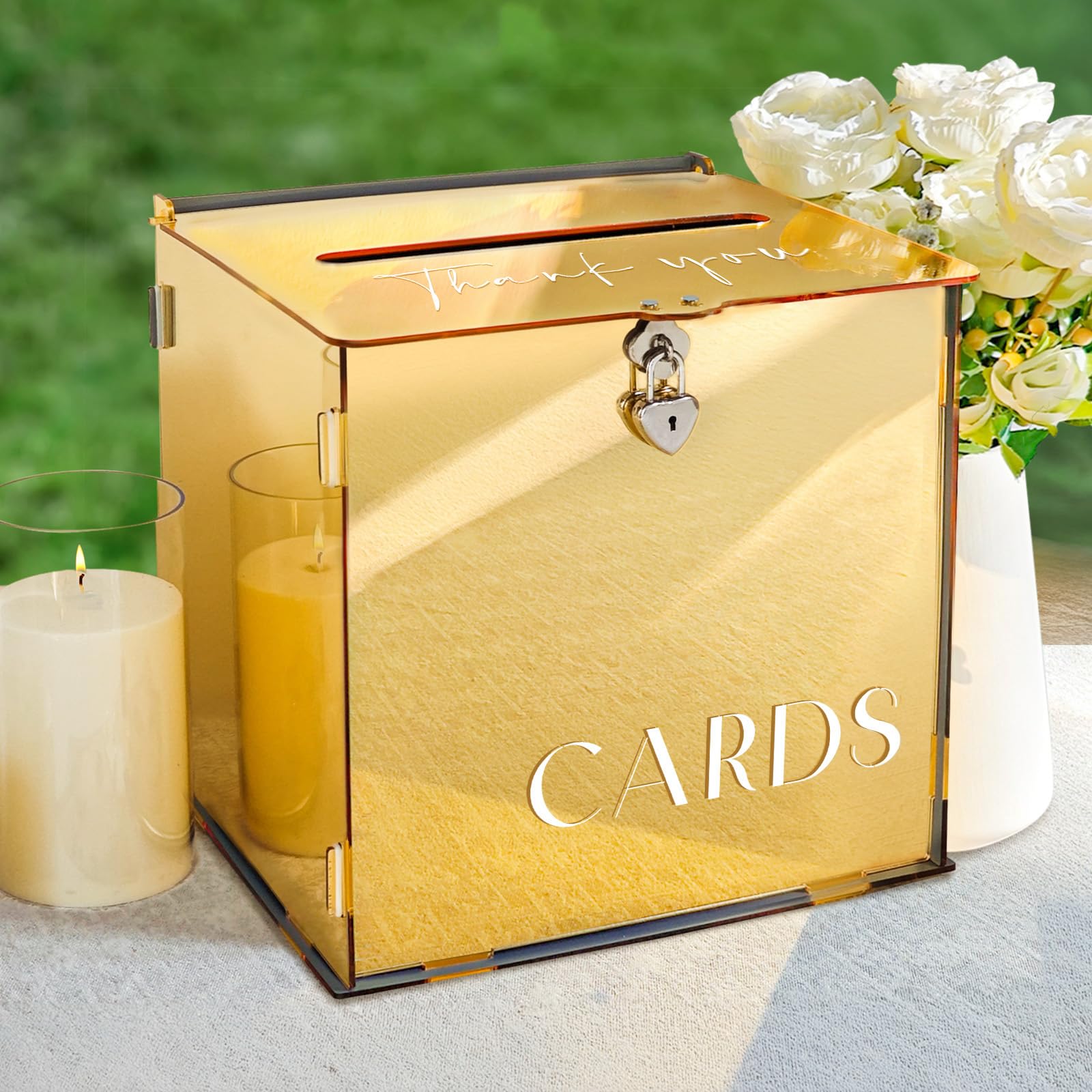 Photo 1 of SOFARKKT Metallic Gold Mirror Acrylic Wedding Card Box with Slot & Lock, Classy Wedding Card Boxes for Reception, Large Money Gift Cards Box for Party Engagement Birthday Graduation Table Decor