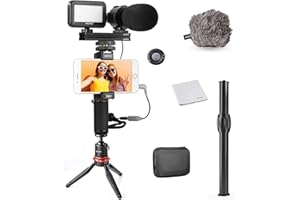 Movo V7+ YouTube Starter Kit - Vlogging Kit for iPhone with Tripod, Grip, Stereo Microphone, LED Light and Remote - Vlog Kit for iPhone 5, 5C, 5S, 6, 6S, 7, 8, X, XS or Samsung - iPhone Vlogging Kit
