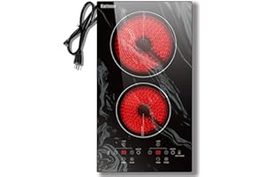 Karinear Portable Electric Cooktop 2 Burners, 110v Plug in Electric Stove Top, Countertop Use or Built-in Install, 12'' Ceramic Cooktop with Beautiful Wave Patterned