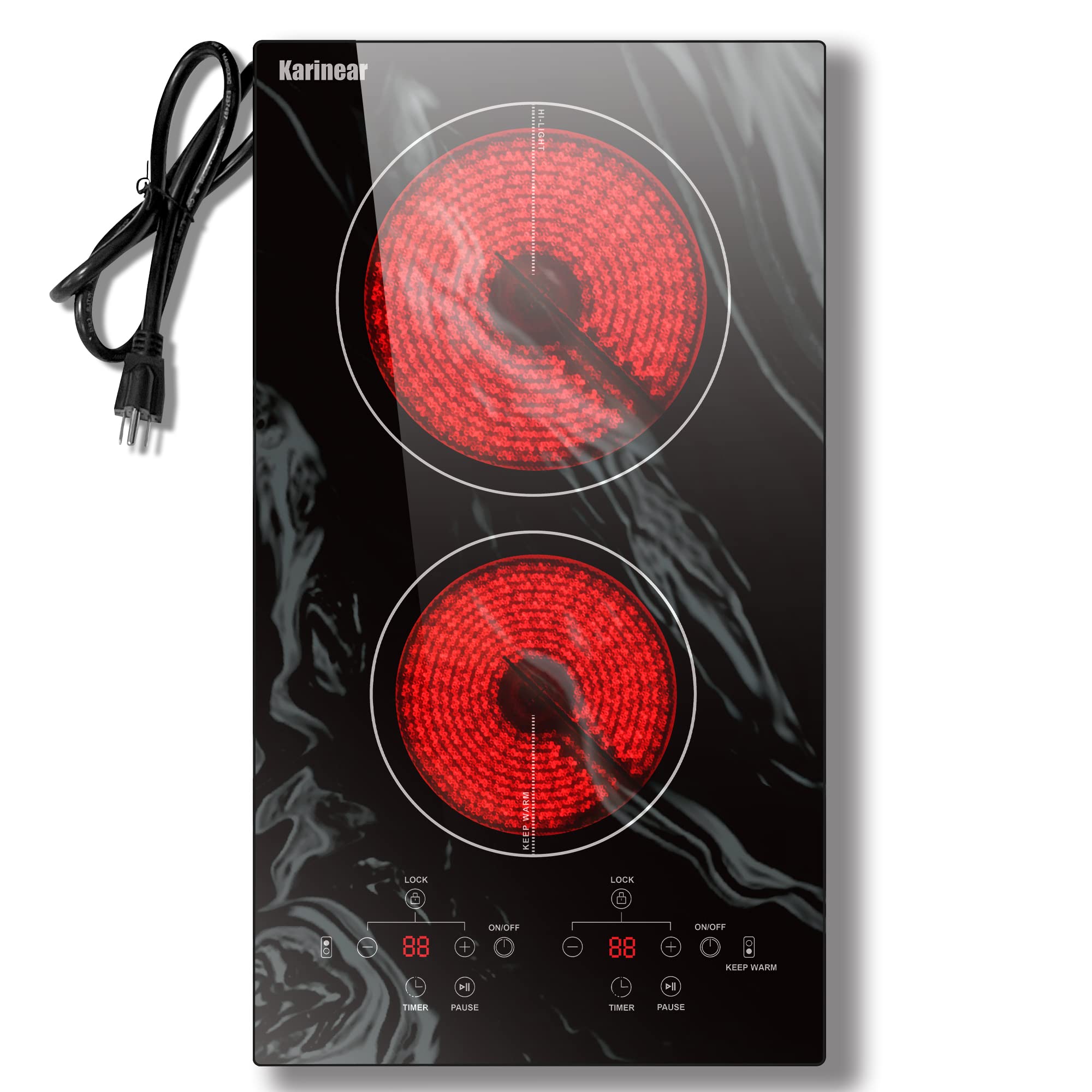 Photo 1 of Karinear Portable Electric Cooktop 2 Burners, 110v Plug in Electric Stove Top, Countertop Use or Built-in Install, 12'' Ceramic Cooktop with Beautiful Wave Patterned