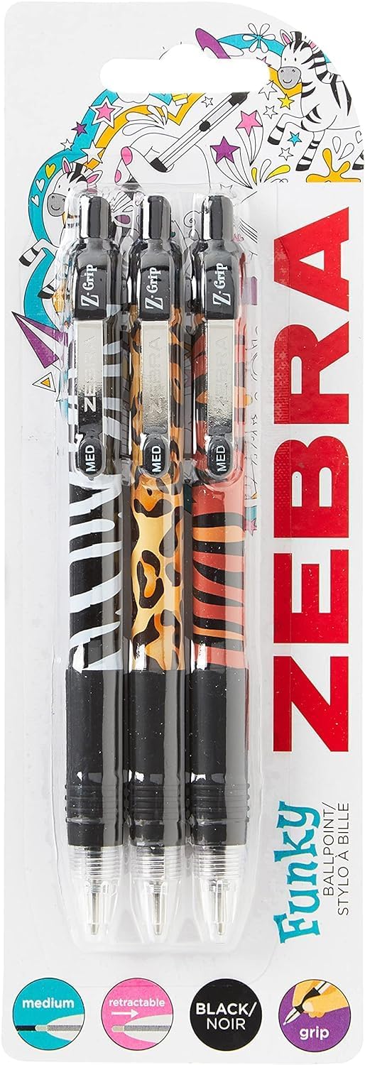 Zebra Pen Z Grip Black Ballpoint Pens 3 Pack Retractable with Clip