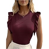 Floerns Women's Round Neck Ruffle Cap Sleeve T Shirts Solid Tee Dressy Slim Fit Top Business Causal Outfits