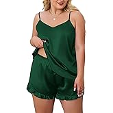 XAKALAKA Plus Size Satin Pajamas Set for Women V Neck Pjs Cami Top and Shorts Ruffle Silk Lingerie Nightwear