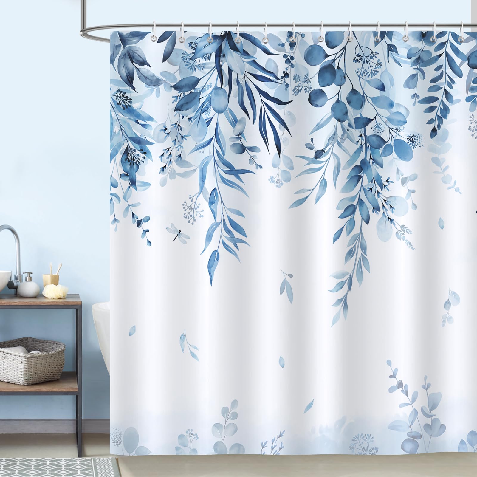 Bonhause Blue Eucalyptus Leaves Shower Curtain Watercolor Plant Leaf Bathroom Curtain 180 x 180 cm Mildew & Mould Resistant Polyester Fabric Bath Curtain with 12 Hooks, (BHS0117)