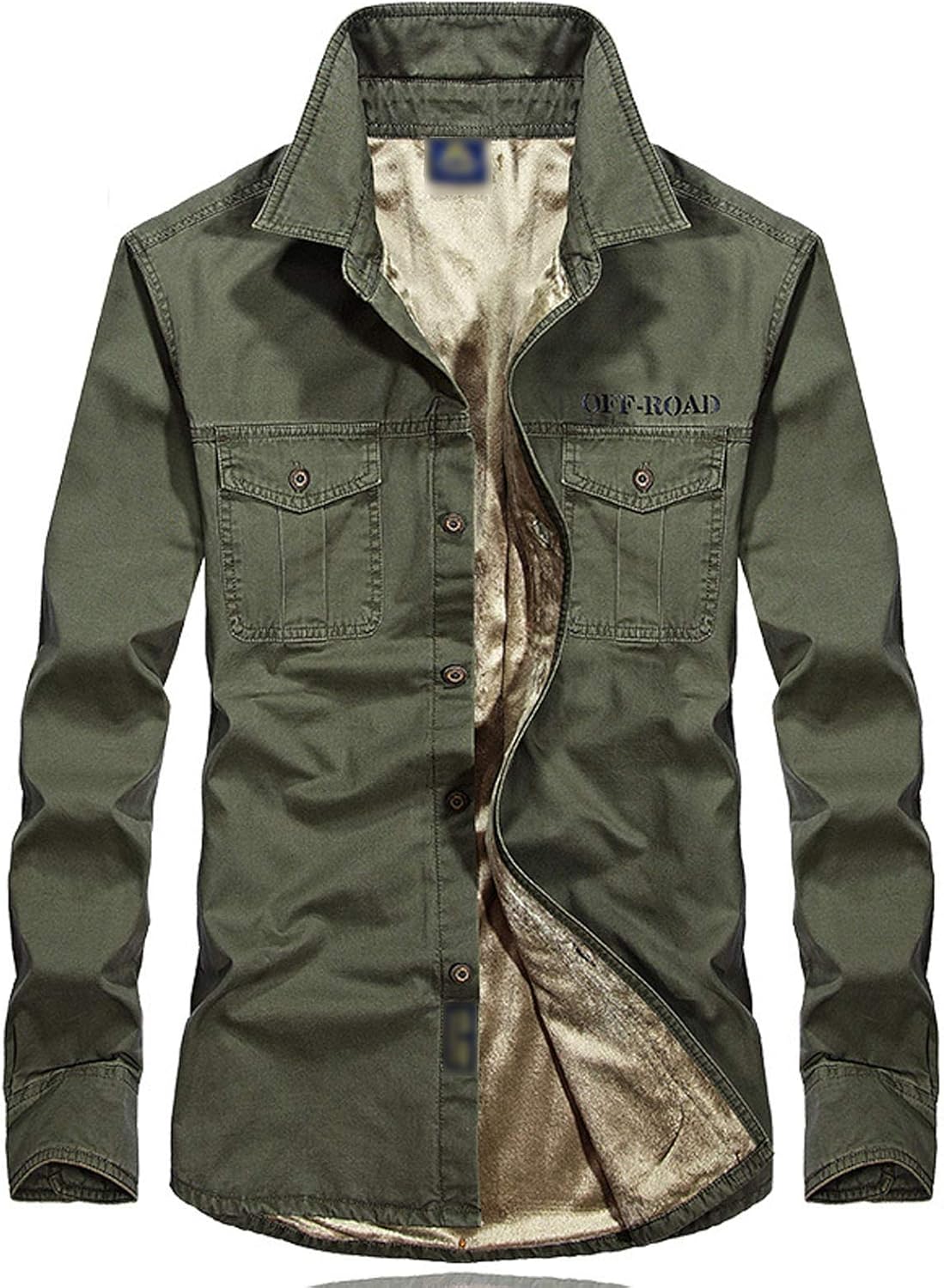 Flygo Men's Pure Cotton Button Down Fleece Lined Army Military Shirt
