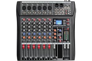 Depusheng DX6 Professional Mixer Sound Board Console 6 Channel Desk System Interface Digital USB MP3 Input 48V Phantom Power Stereo DJ Studio FX Steel Chassis,Black Bluetooth USB Audio Mixer for PC