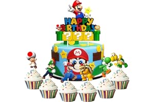 SHUN HONG 7pcs Acrylic Super Mario Happy Birthday, Mario Bros Smash Cake Topper, Party Supplies for Children