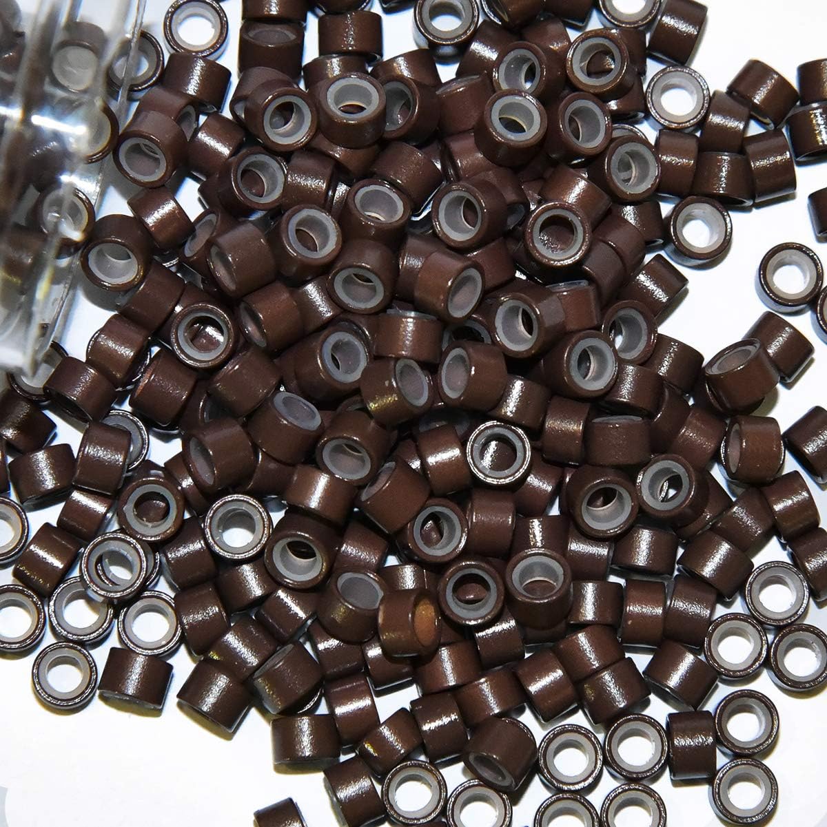 CNFCO Silicone Micro Link Rings 5mm Lined Beads for Hair Extensions Tool, 1000 pieces/Bottle (Brown)