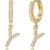 MEVECCO 18K Dainty Gold Filled Pave Cubic Zircon Letter Charm Huggie Hoop Earrings Wear Initials A-Z 26 Letter Charm Earrings Personalized Tiny Dangle Minimalist Initial Jewelry
