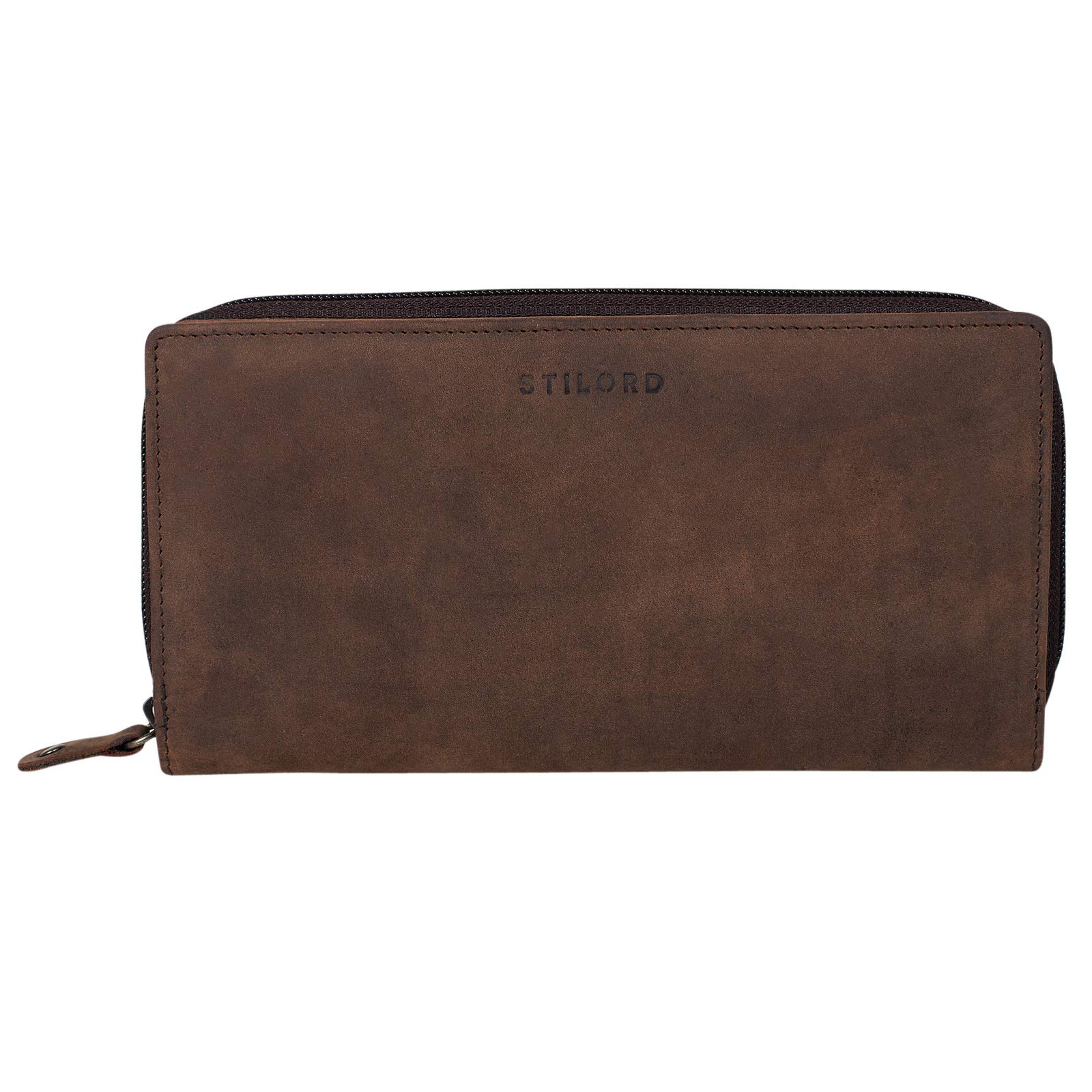 STILORD "Dana" Leather Coin Purse for Women Vintage Large with Zip Fastening RFID Blocker Wallet for Passport Notes Money Credit Card Purse in Genuine Leather Colour:Flat - Brown