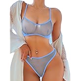 SOLY HUX Women's Mesh Solid Sheer See Through Lingerie Set Sexy Lace Bra and Panty 2 Piece
