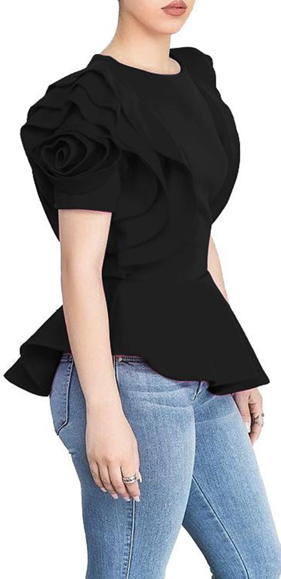 Women Round Neck Ruffle Short Sleeve Peplum Bodycon Blouse Shirts Tops