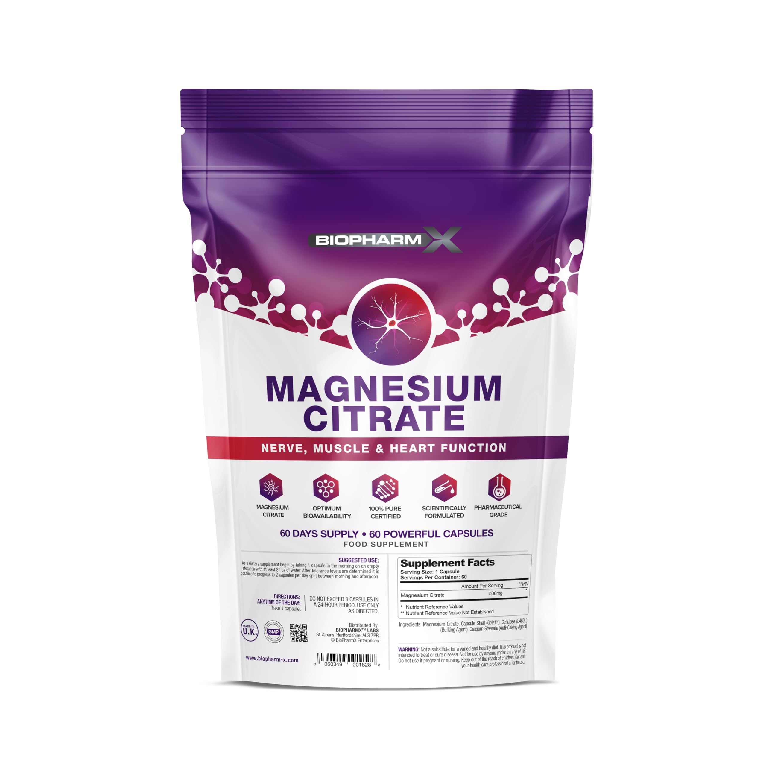 Maximum Strength 500mg Magnesium Citrate Supplement (60 Capsules / 1 Per Day) 100% Pure Certified, Maximum Strength