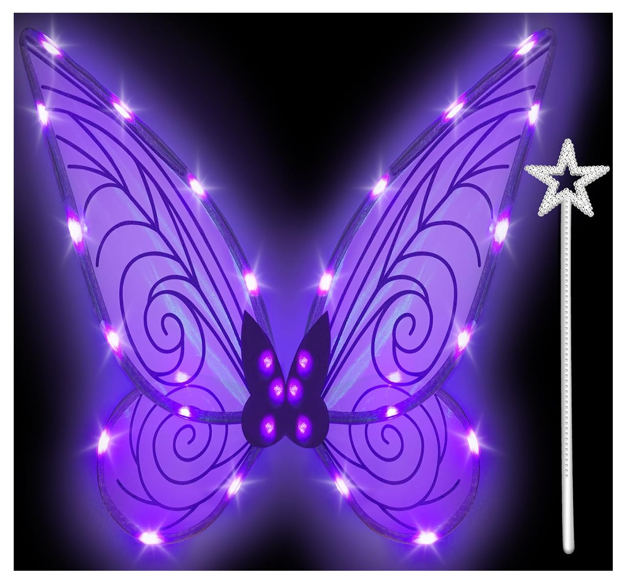 Tanganan Light up Fairy Wings Butterfly Wings for Adult Girls,LED Fairy Wing Sparkle Angel Wings for Women Halloween Cosplay Costume Angel Wings Dress Up (Purple+Wand)