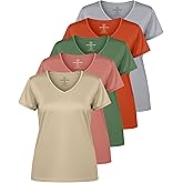 Real Essentials 5 Pack: Women's Dry Fit Short Sleeve V Neck Workout Top - Fitness Gym Athletic Yoga T-Shirt (Plus Available)