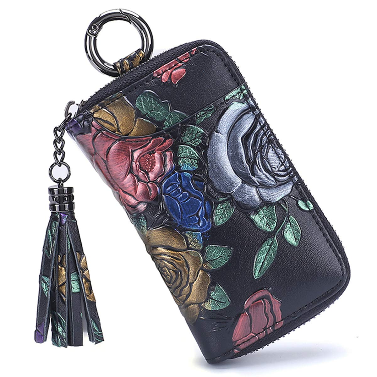 Aileder Key Wallets for Women Ladies Leather Key Pouch Keyring Purse Wallet Hand Painted Flowers Car Key Case Holder with 8 Key Hooks Card Slots Tassel Zipper (Gold Rose)