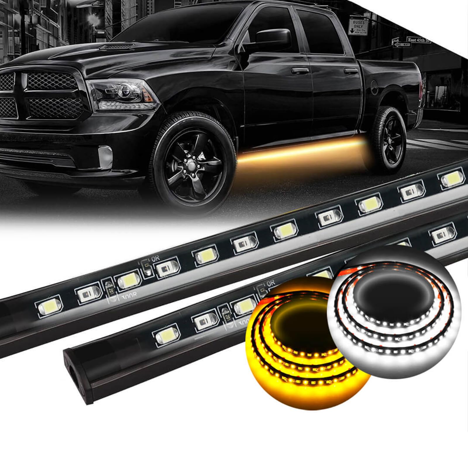 Photo 1 of 70 inch Truck LED Running Board Light Strip Sequential Amber Turn Signal DRL and White Courtesy Light 432 LEDs Waterproof Flexible Turn Signal Light Bar for Pickup Trucks Cars, Pack of 2