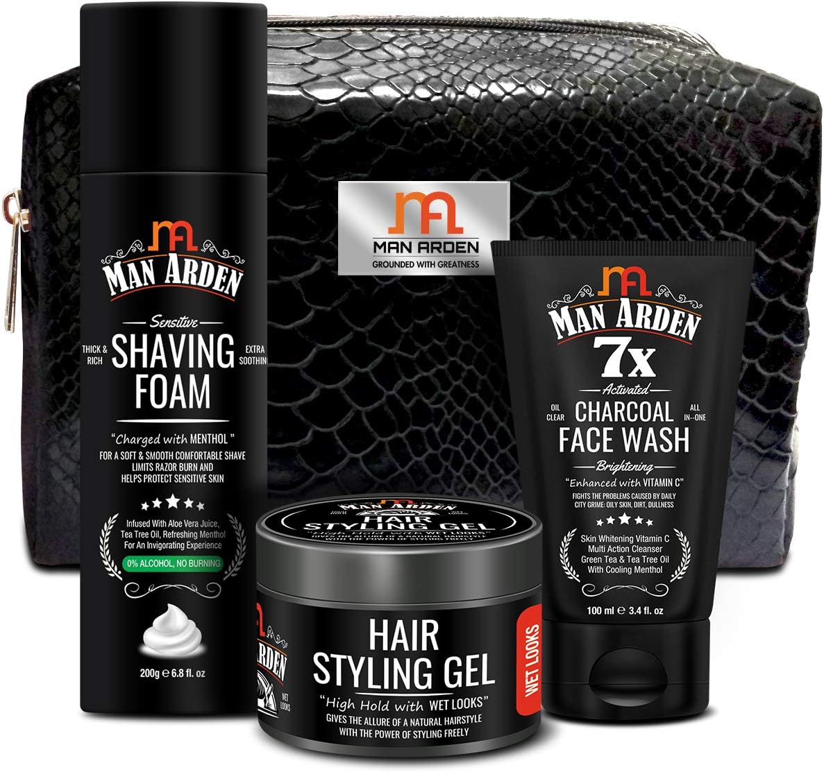 Man Arden Palatial Grooming Kit For Men | Shaving Foam (200g) + Hair Styling Gel - Wet Looks (50g) + Charcoal Face Wash (100ml) With Pouch