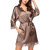 Ekouaer Womens Silk Robe Short Lace Trim Satin Robe 3/4 Sleeve Sexy Kimono Bride Bathrobe Comfy Sleepwear with Pockets