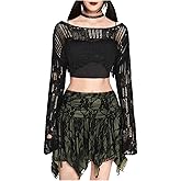 SHENHE Women's Ripped Sweater Hollow Out Long Bell Sleeve Crew Neck Grunge Crop Sweater Top