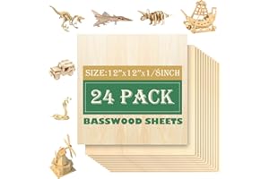 QSJQLLO 24 Pack 12"x12"Basswood Sheets 1/8",3mm Basswood for Laser Cutting,3mm Plywood Unfinished Wood Craft Wood for DIY Ornaments and Models Drawing Painting Engraving Wood Burning and Laser Cutting