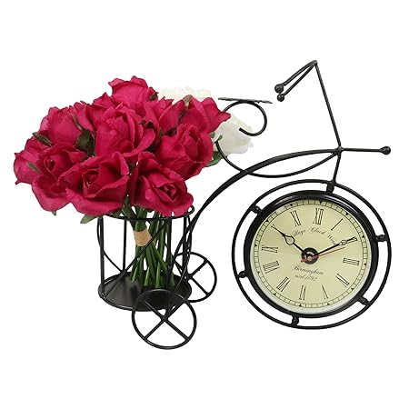 Vudy Cycle Shaped Wrought Iron Multipurpose Flower Pot Holder with Clock for Living Room,Bedroom and Office Decor