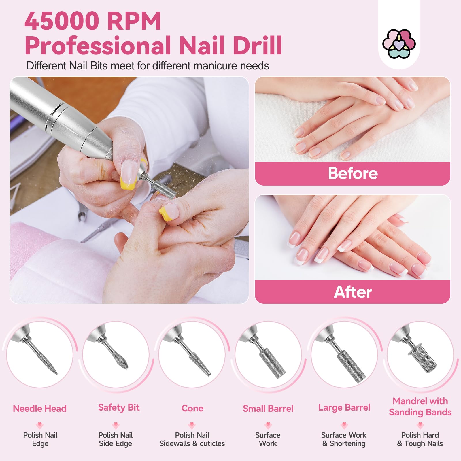 SAVILAND Electric Nail Drill Professional : 2024 Pro Portable Nail Drill for Hard Acrylic Nails Removing, Rechargeable 45000RPM Nail drill Machine for Manicure Pedicure Salon Nail Tech Must Have - Image 4
