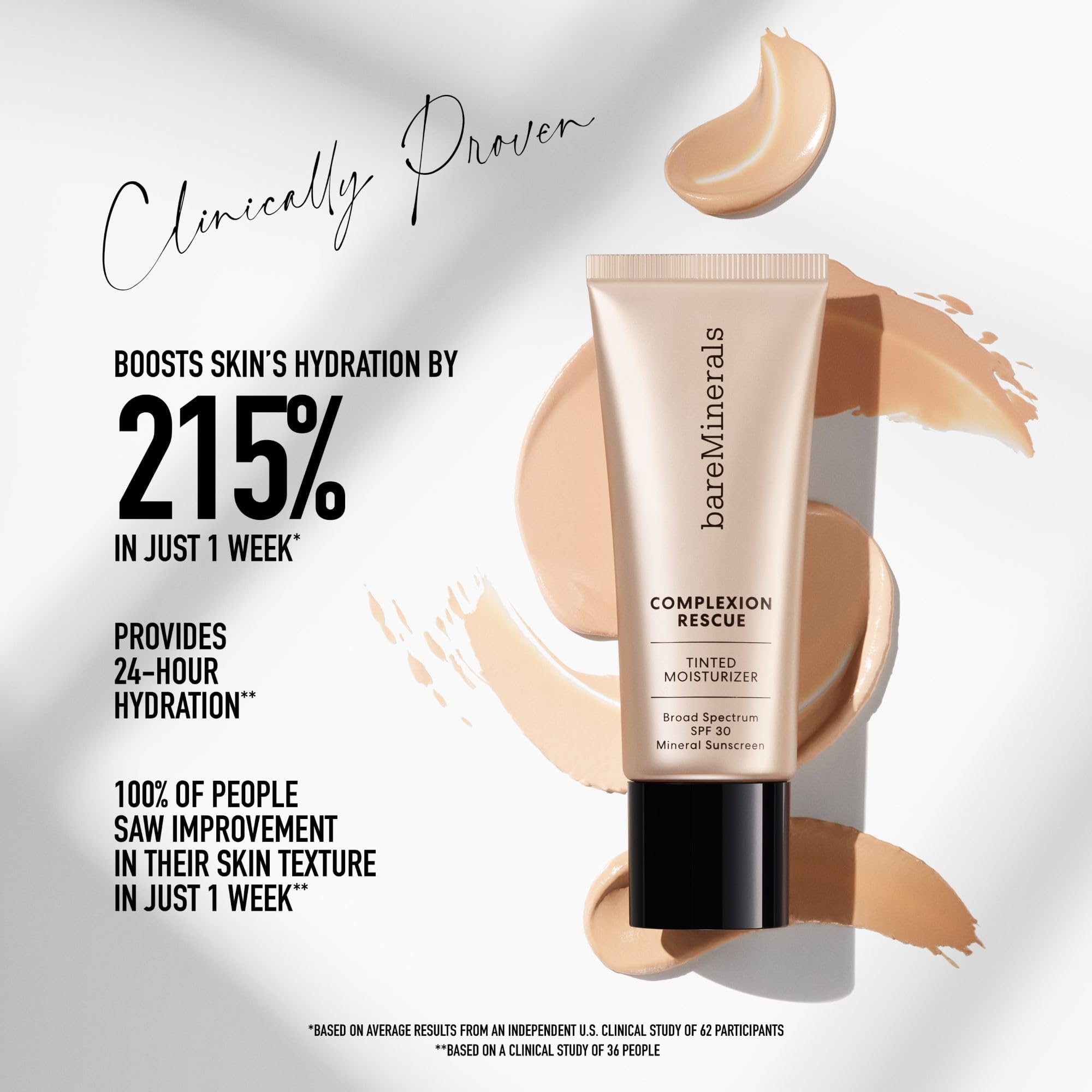 bareMinerals Complexion Rescue Tinted Moisturizer for Face with SPF 30, Hydrating Vegan Tinted Mineral Sunscreen with Hyaluronic Acid, Sheer-to-Light Coverage for Dewy, Healthy-Looking Skin