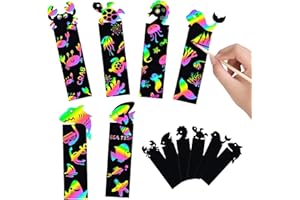 MEIVINES Rainbow 60PCS 6Style Scratch Paper Art Bookmarks Magic Scratch Bookmark Making Kit DIY Bookmarks Bulk with Scratchin