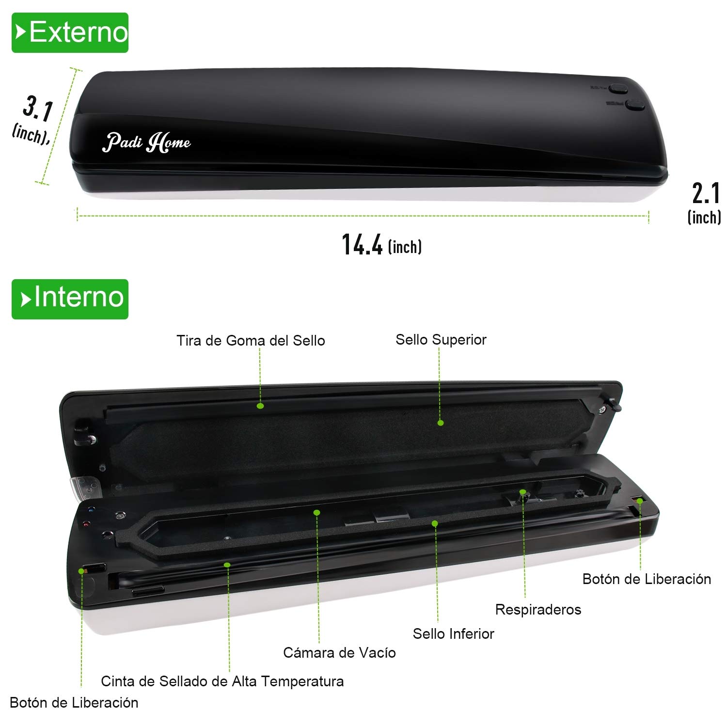 Envasadoras al vacío, Padi Home El Aparato para envasar al vacio, Comida se Mantiene Fresco con hasta 8 Veces Más, Ideal para Almacenamiento de Alimentos Incluye 10 Alta Calidad Vacuum Bolsa, Negro