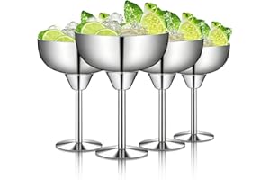 Suwimut 4 Pack 304 Stainless Steel Margarita Glasses, 10 Oz Unbreakable Martini Glasses, Mirror Polish Shatterproof Cocktail 