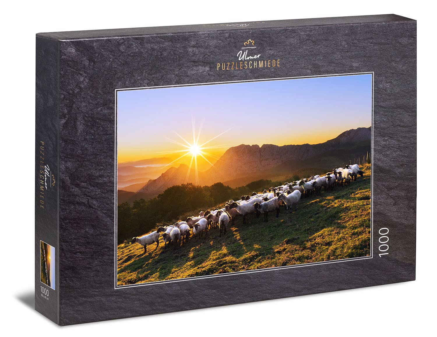 Ulmer Puzzleschmiede - Mountain & Sheep Puzzle - Classic 1000 Piece Animal and Landscape Puzzle - Atmospheric Puzzle Motif with a Herd of Sheep in a lonely mountain world at sunset
