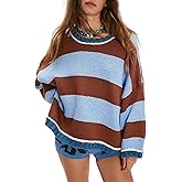 Womens Oversized Striped Color Block Sweater Crew Neck Long Sleeve Loose Pullover Fashion Sweater Tops