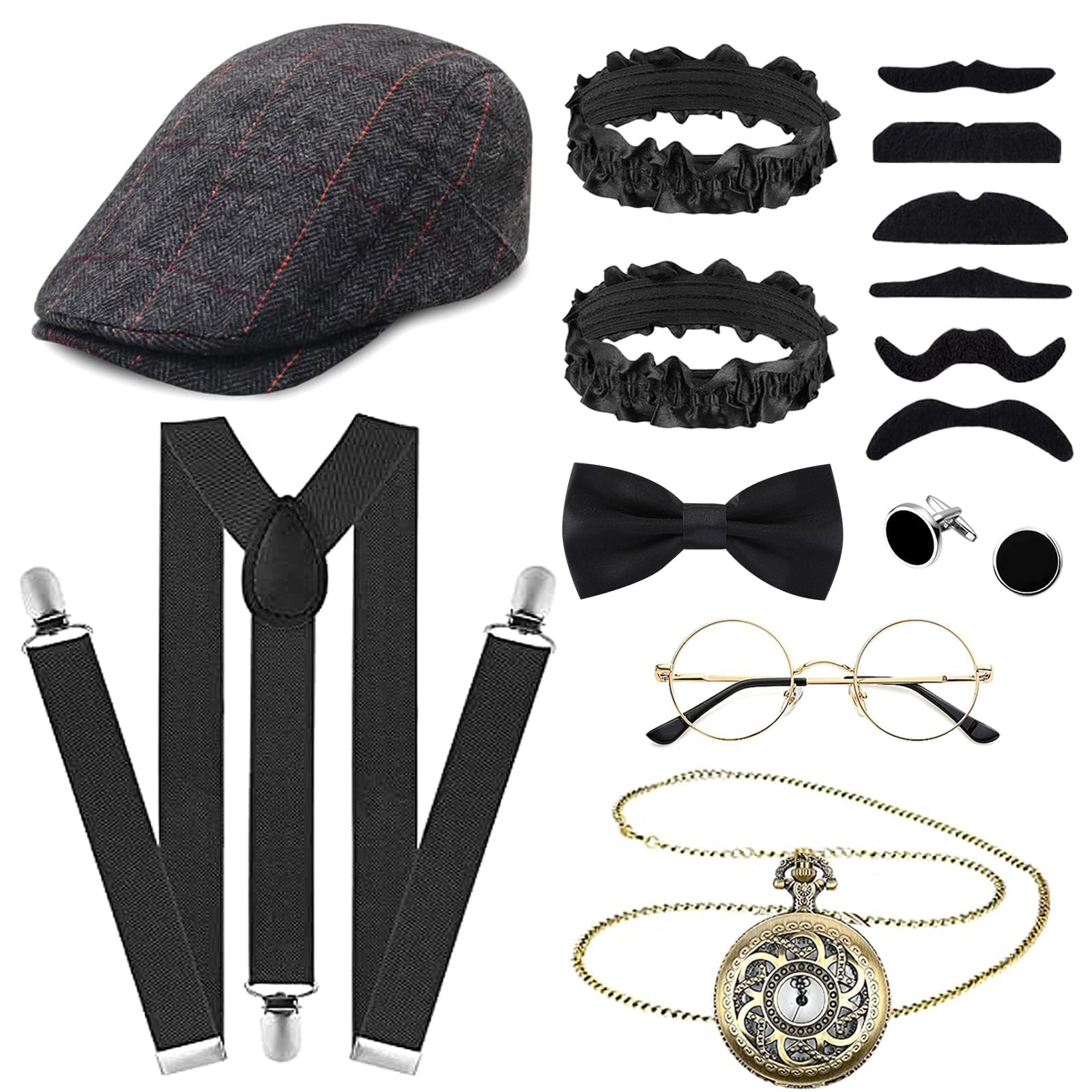 Ravzlyz 1920s Men's Accessories Set, Roaring Retro 20s Adult Gatsby Gangster Accessories Kit with Beret Straps Pocket Watch for Cosplay Party Supplies Dress Up