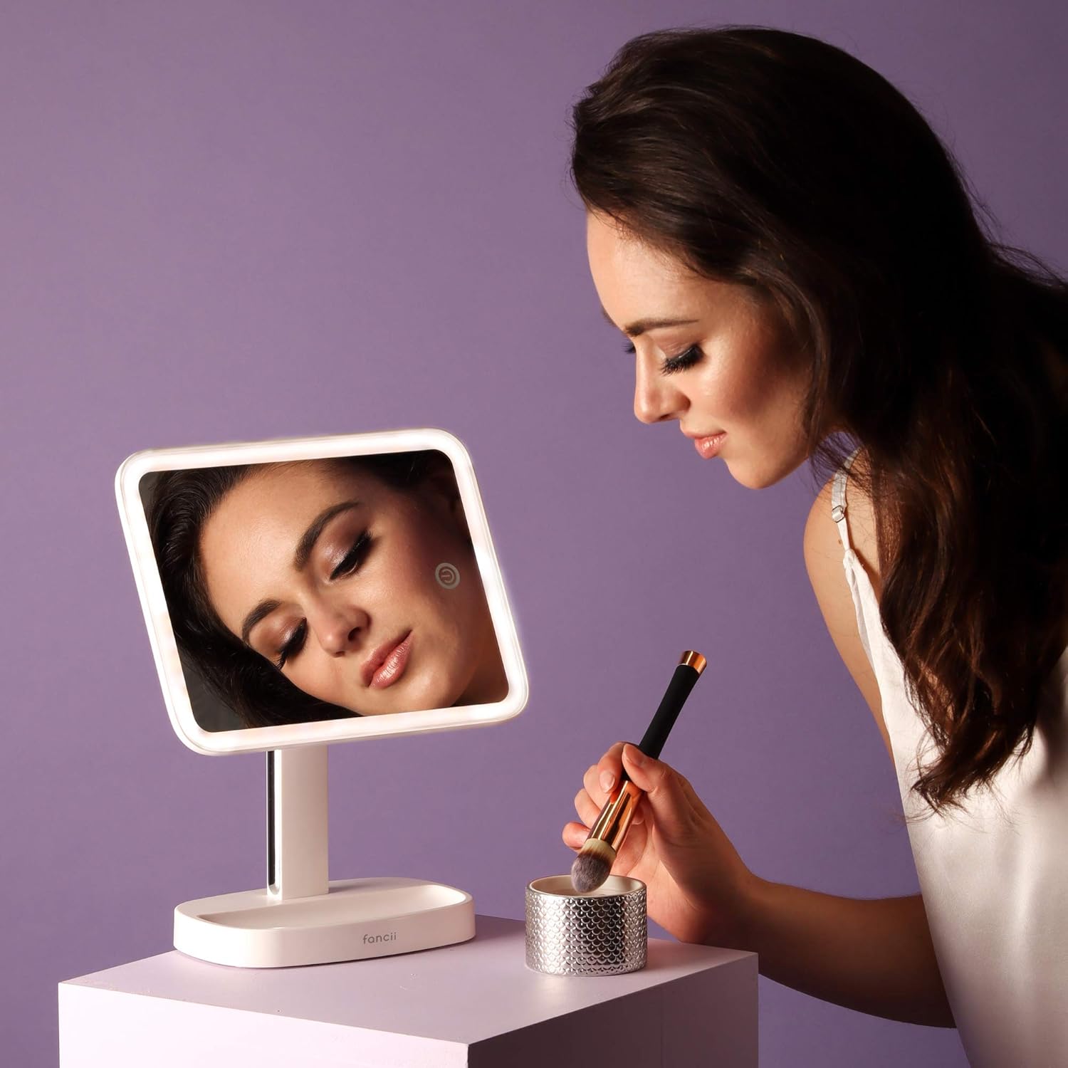 Fancii LED Makeup Vanity Mirror with 3 Light Setting and 15x Magnifying Mirror - Choose Between Soft Warm, Natural Daylight, or Neutral White Lights - Dimmable Countertop Cosmetic Mirror - Aura -