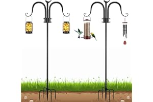 OZMI Double Shepherds Hook for Outdoor, 80 Inch Adjustable Heavy Duty Bird Feeder Pole with 5 Prong Base, Bird Feeder Stand Hanger for Plant Basket, Lanterns, Wind Chimes, Hummingbird Feeder (2 Pack)