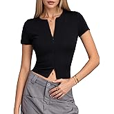 Curvphilo Womens V-Neck Tops Double Zipper Short Sleeve T Shirts Y2K Crop Tops Business Casual Going Out Tops