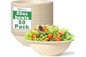 BIONUTRIO 32oz Large Paper Bowls - 50 Pack Heavy Duty, Biodegradable & Microwavable - Eco Friendly Bagasse Bowls for Hot Soup, Milk, Cereals, Snacks & Salads