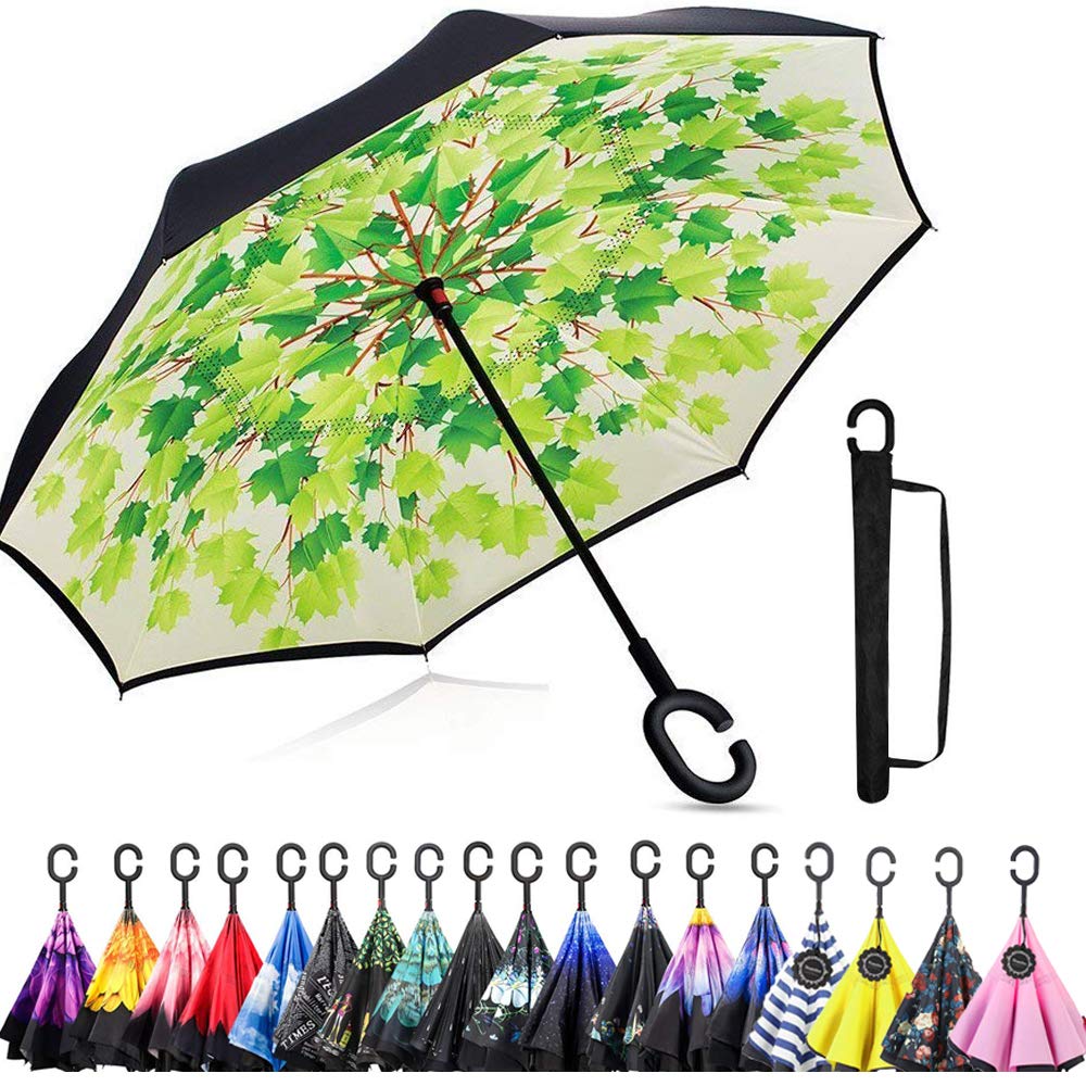 Monstleo Inverted Umbrella,Double Layer Reverse Umbrella for Car and Outdoor Use by, Windproof UV Protection Big Straight Umbrella With C-Shaped Handle and Carrying Bag