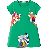 FreeLu Girls' Cotton Short Sleeve Dresses Cute Stripe Cartoon Patterned Casual Sundress