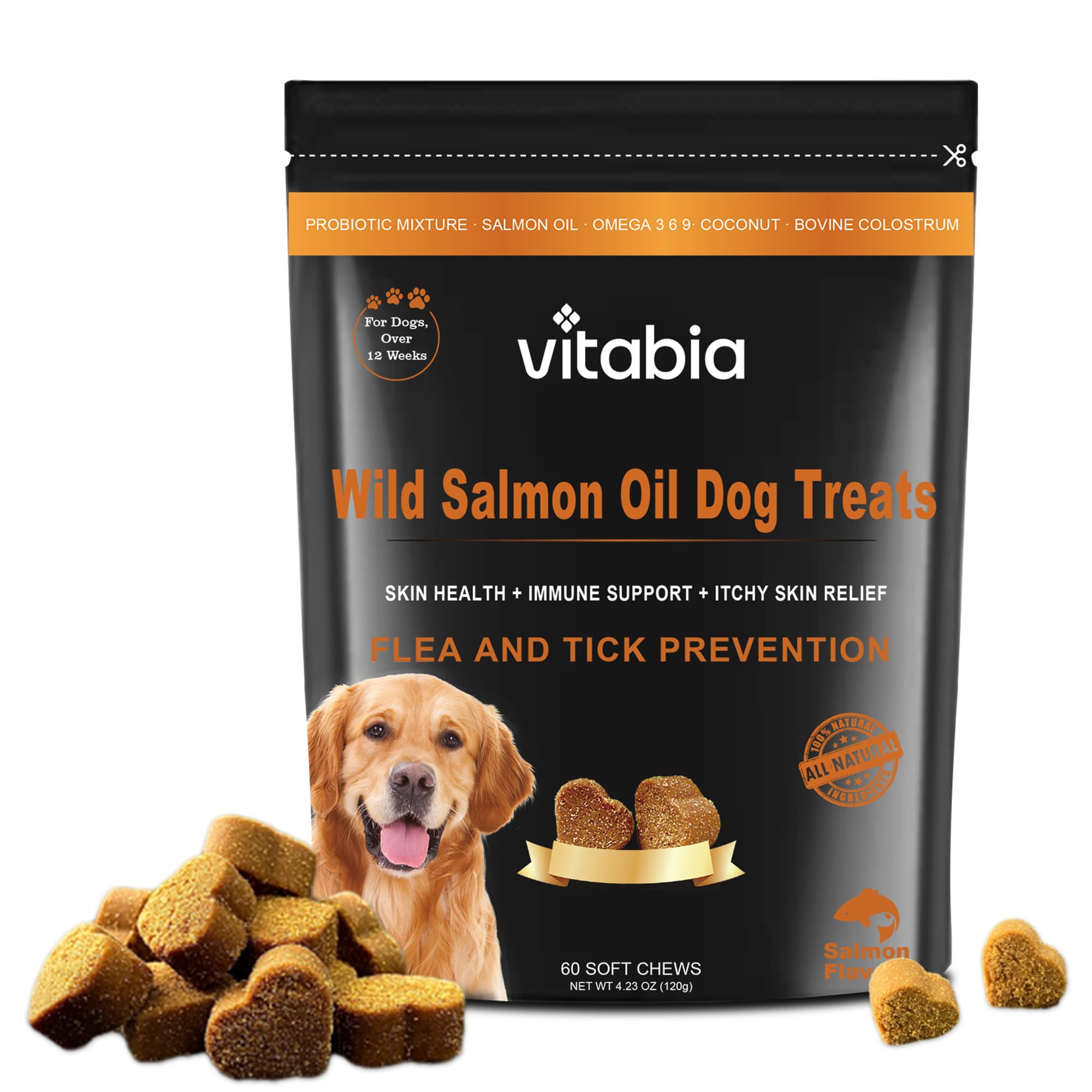 Salmon Oil for Dogs Chews | Dog Treats For Itchy Dry Skin, Allergies and Flea Treatment for Dogs With Omega 3 Fish Oil For Dogs, Probiotics for Dogs and Vitamins - Dog Chews (60 Dog Treats)