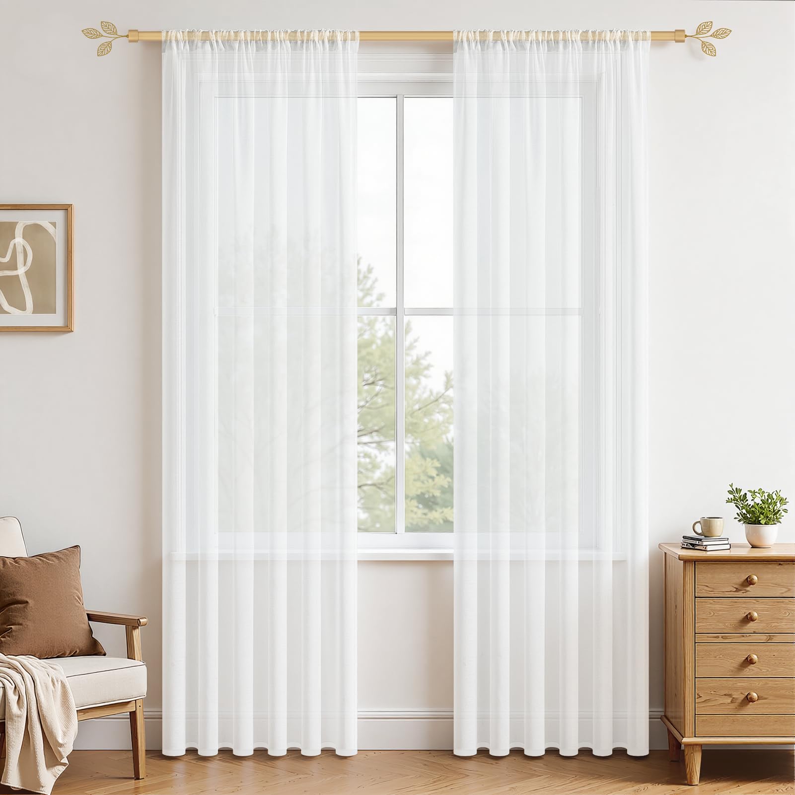 MRTREES Voile Curtains 96 Drop 2 Panels Faux Linen Rod Pocket Sheer Curtain Panel for Bedroom Living Room Patio Door 55x96 Drop 140cm x 245cm White