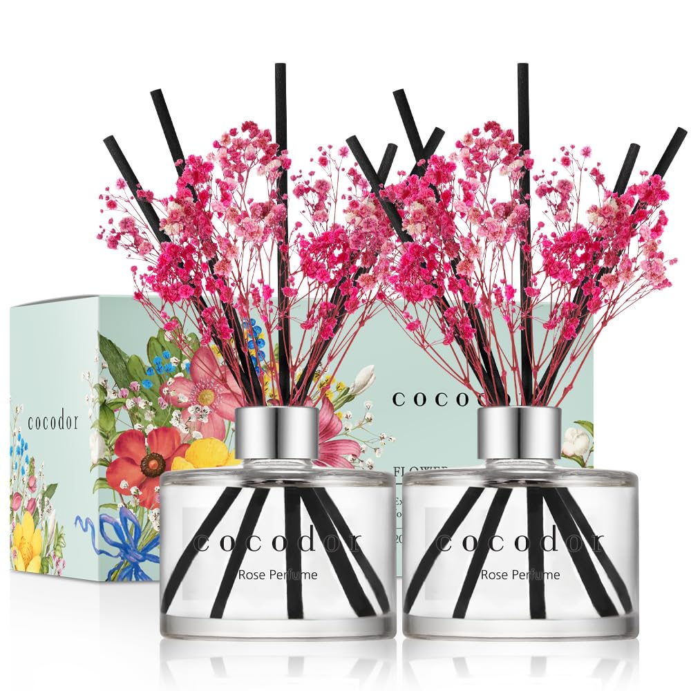 [COCODOR/Rose Perfume] Flower Reed diffusers Oil with a Set of 5 Fiber Sticks, 200ml*2packs, Best for Home, Kitchen, Bathroom. Diffusers with sticks