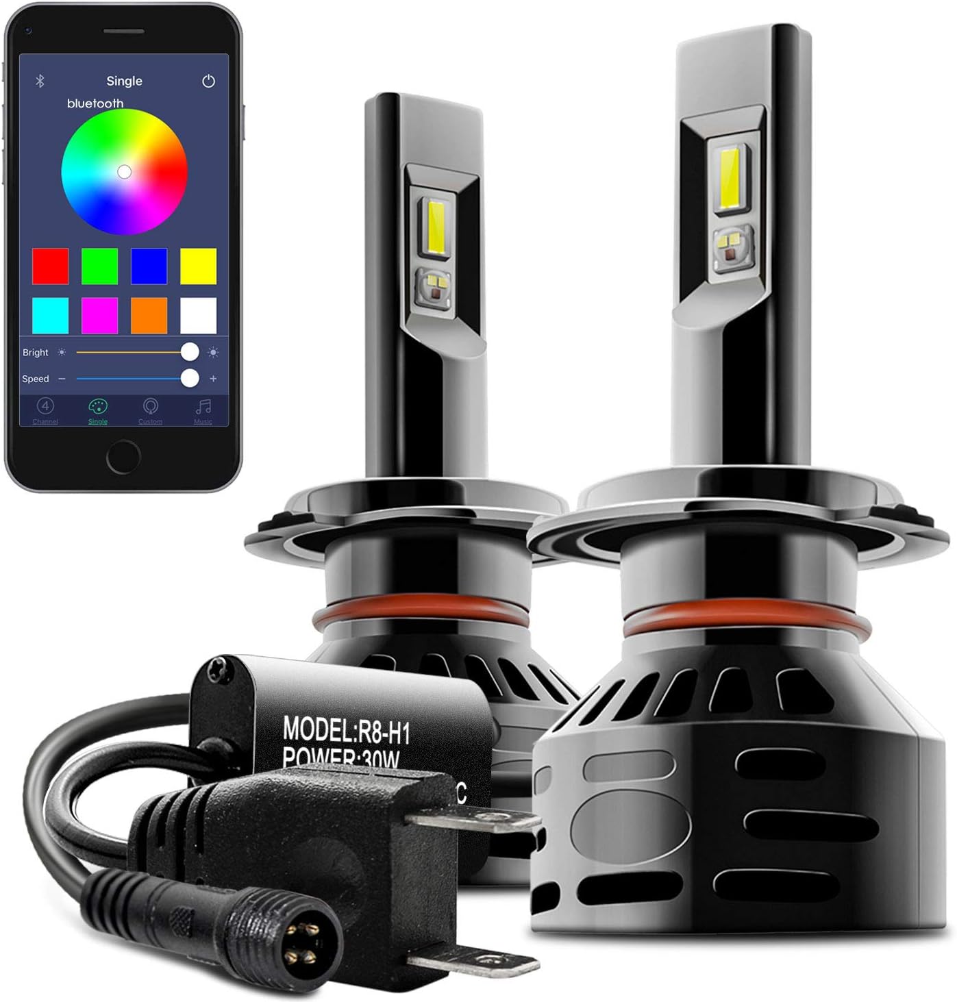 DAYLEAD RGB LED Headlight Bulb Conversion Light kit APP Bluetooth Control Multi-color 6000K Cool White (H7)