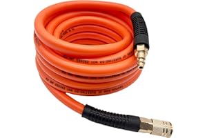 SYXQT 3/8-Inch Air Hose，Air Compressor Hose 25FT 300 PSI Heavy Duty, Hybrid Lightweight, Kink Resistant, All-Weather Flexibility with 1/4-Inch Industrial Air Fittings and Bend Restrictors,Orange