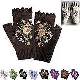 Firtideti Women's Hand Embroidered Knitted Flower Fingerless Gloves, Purple, One Size